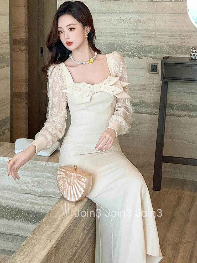 Autumn Fashion Casual Sweet Bow Square Collar Fishtail Long Dress Women Clothes Elegant Lace Long Sleeve Slim Robe Party Vestido