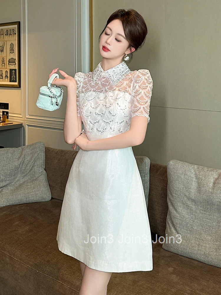 Summer White Satin Elegant Luxury A-Line Short Dress Women Clothes Retro Sequin Sheer Sexy Puff Sleeve Slim Party Prom Vestidos