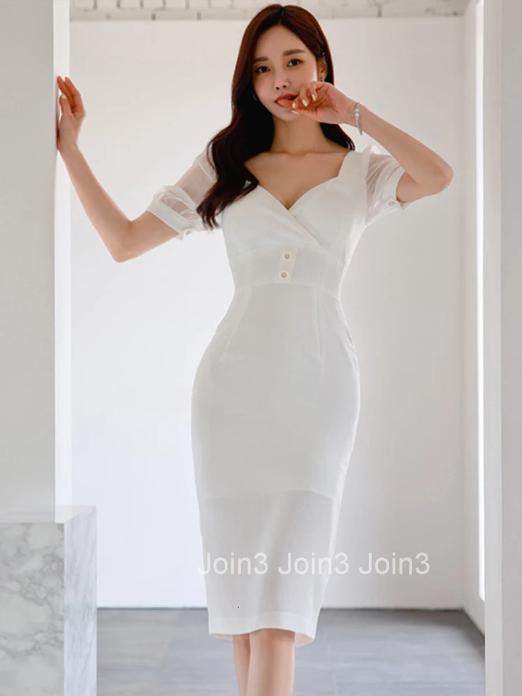 Korean Fashion Summer Evening Dress Women Elegant Chic Solid Deep V-Neck Slim Wrap Hip Midi Party Mujer Vestidos Street Clothes