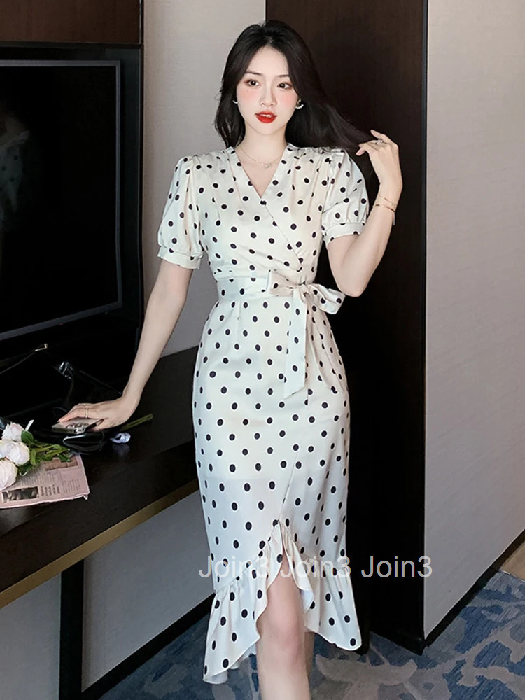 Summer Elegant Office Women Short Dress Formal Chic Satin Vintage Dot Sexy V-Neck Slim Mini Party Mujer Vestidos Street Clothes