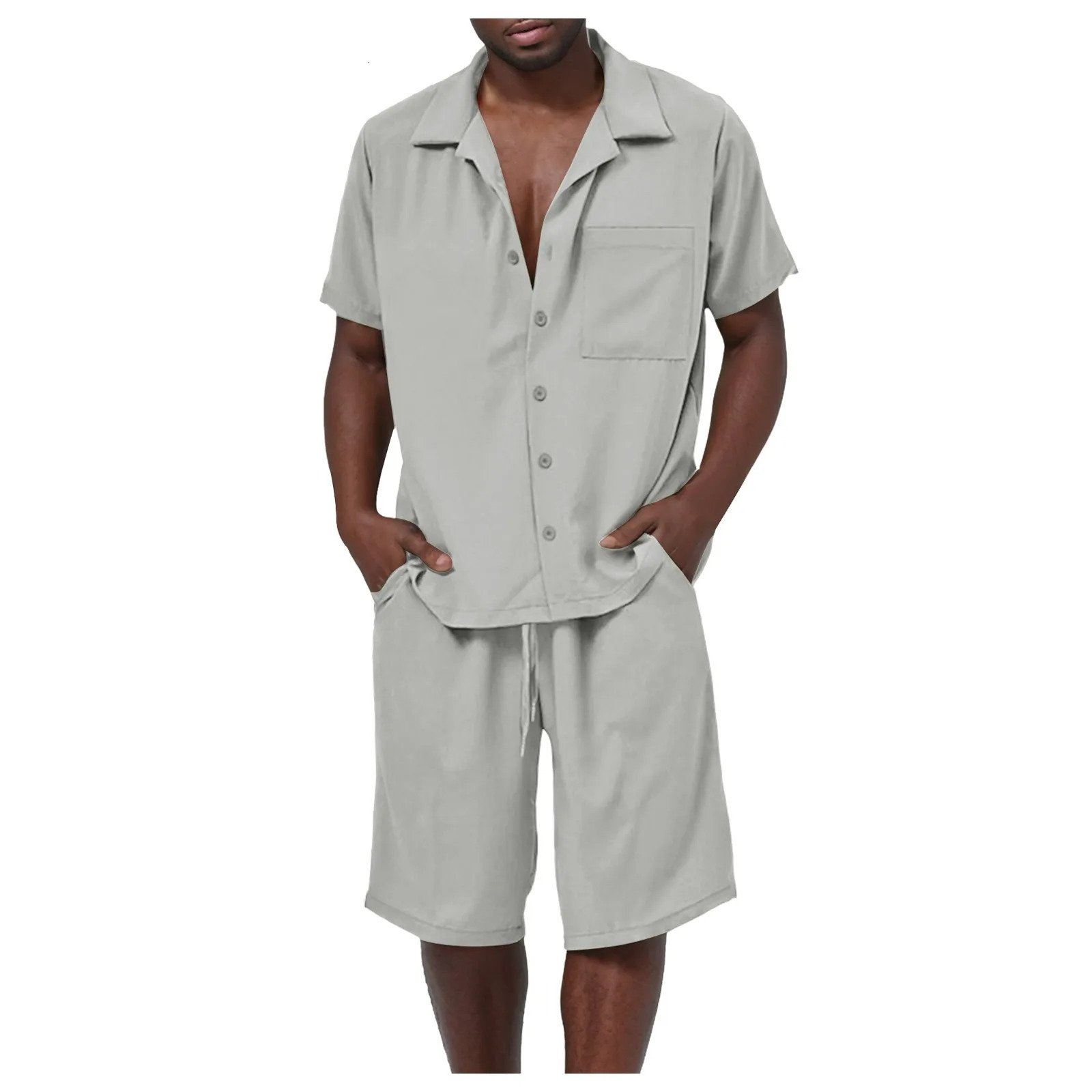 Mens Short Sleeve Shorts Two Piece Set Solid Color Button Down Beachwear Summer Loose-Fit Cardigan Tops Shorts Male Outfit 250617
