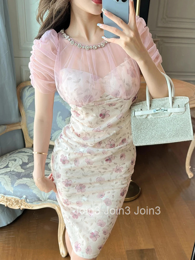 Korean Elegant Women Evening Dress High Quality Chic Temperament Sweet Mesh Sheer Sexy Slim Midi Party Prom Beach Mujer Vestidos