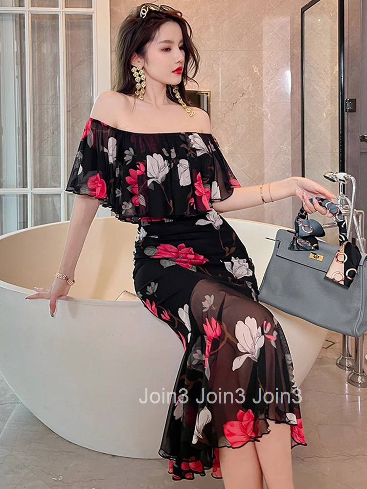 Korean Women Evening Dress Vintage Sheer Sexy Off-Shoulder Backless Slim Midi Party Beach Prom Robe Femme Mujer Vestidos Fiesta