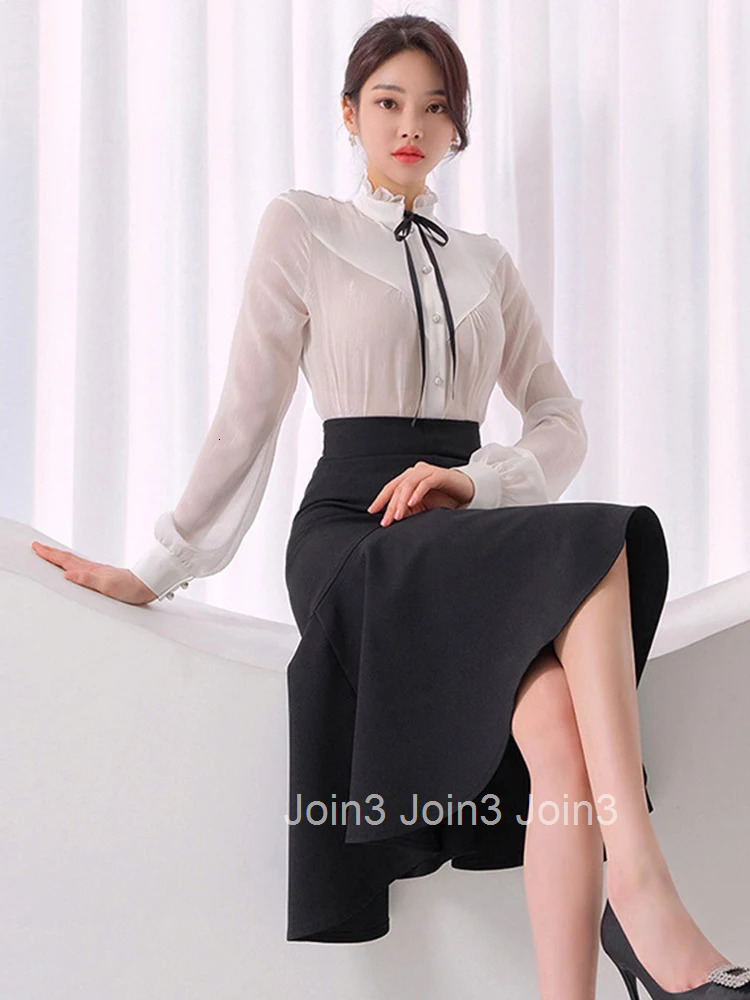 New Korean Fashion Spring Autumn 2 Pieces Outfits Elegant Women White Sparkly Bright Silk Tops Shirt Blouse Midi Skirt Mujer Set