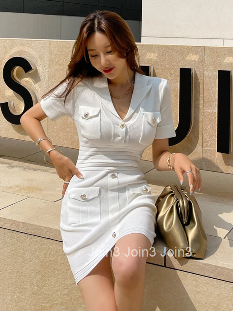 Korean Elegant Women Dress Summer White Knit Casual Stretchy V-Neck Pocket Skinny Bodycon Slim Mini Lady Femme Mujer Vestidos