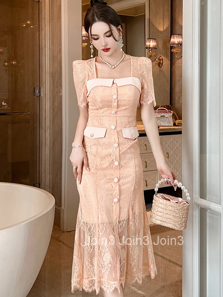 Fashion Summer Evening Party Long Dress Women Elegant Chic Lace Sparkly Bright Silk Pink Slim Midi Robe Femme Prom Mujer Vestido