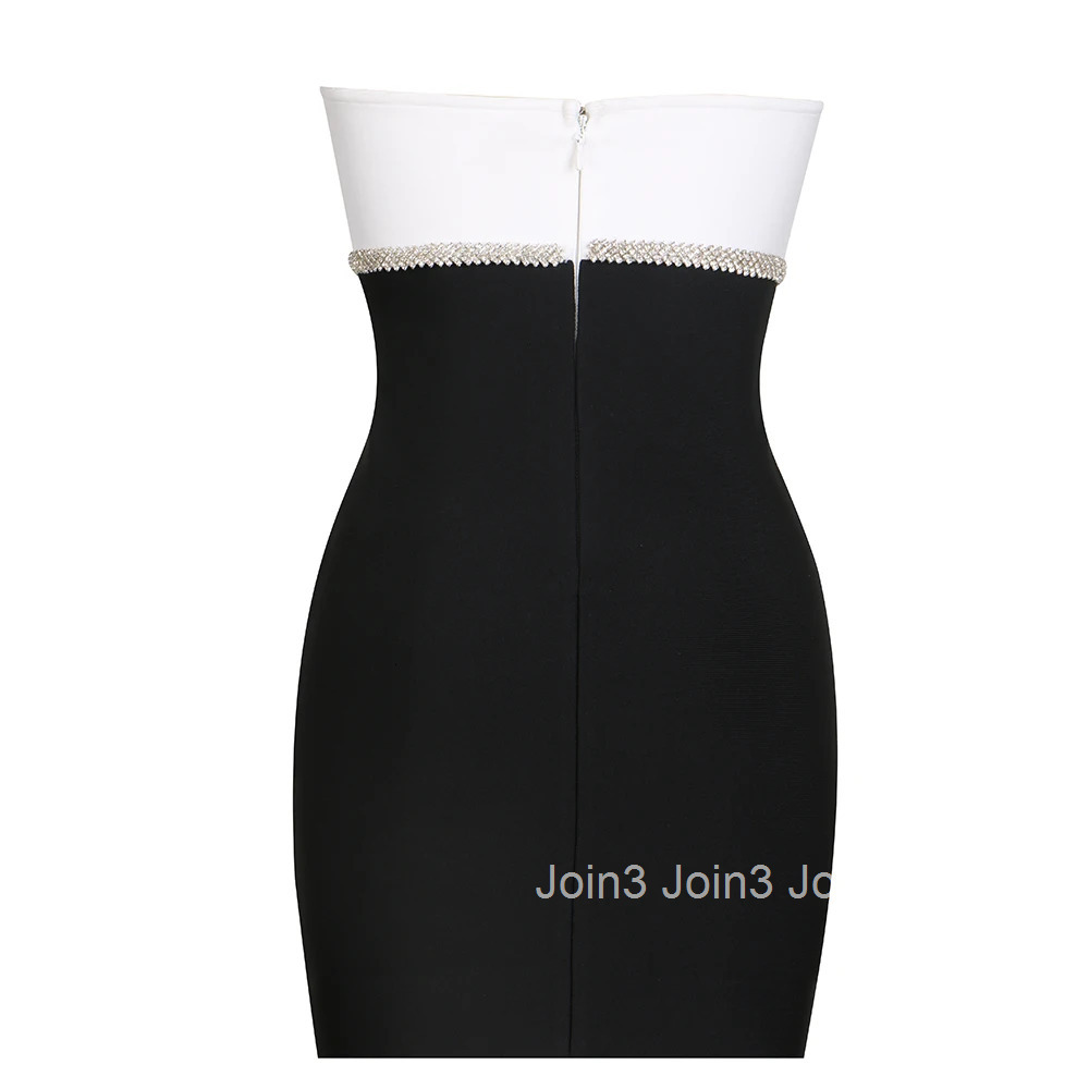 New Women Chest Wrapping Style Backless Bandage Dress Black and White Color Matching Diamond Embellished Bow Evening Party Gown