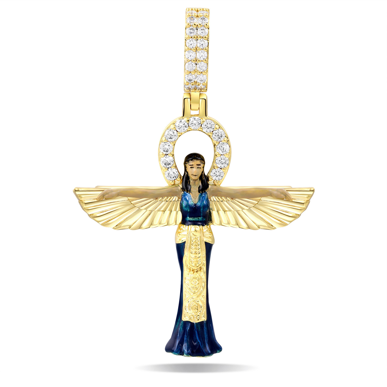 Luxury Premium Moissanite Hip Hop Religious Winged Ankh Cross Diamond Inlaid Spread Wings Statement Pendant Pass the diamond tester