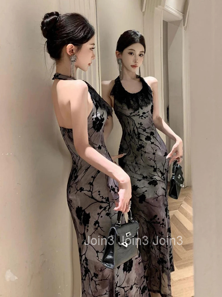Women Clothes Retro Black Lace Ruffle Sexy Halter Backless Slim Evening Long Dress Elegant Fashion Party Prom Vestido Robe Beach