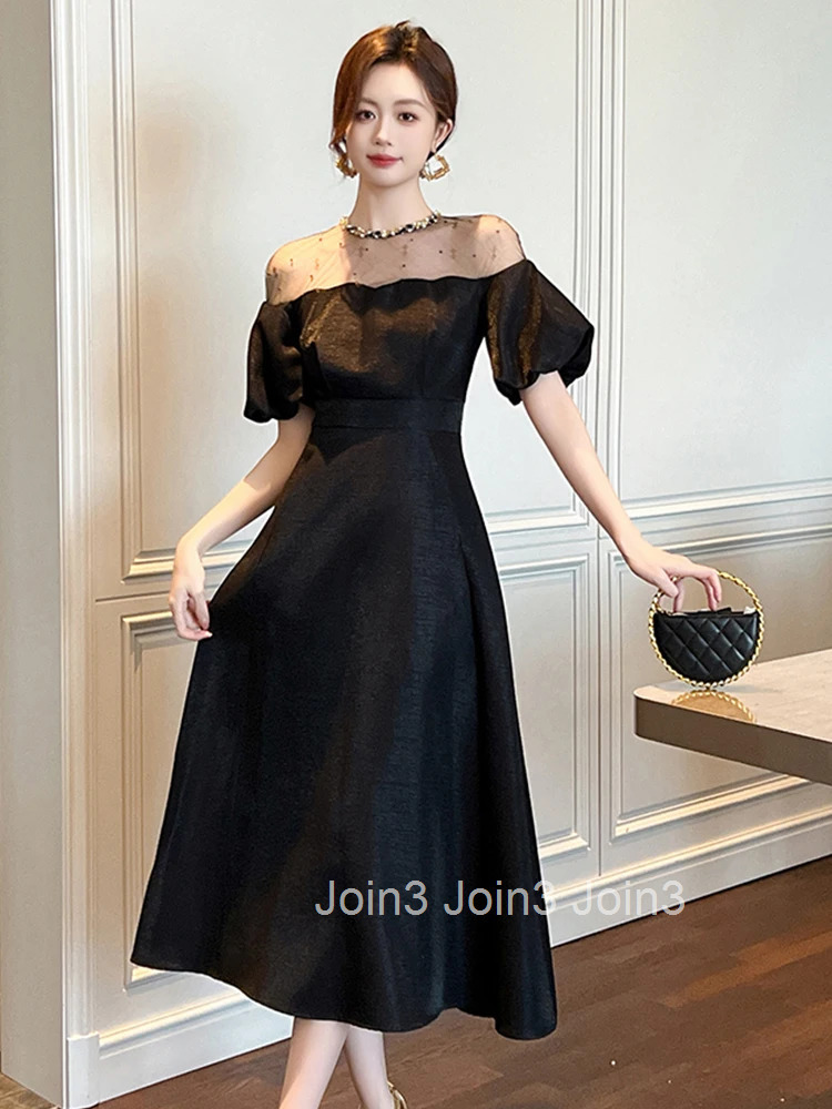 New Summer Fashion Elegant Luxury Evening Dress Women Clothes Sheer Sexy O-Neck Slim Midi A-Line Robe Femme Party Prom Vestidos