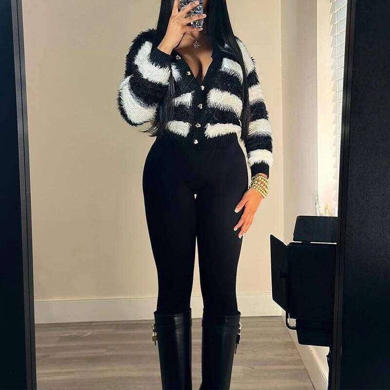 Winter Fashion Black White Striped Single-breasted Knitted Cardigan Sweater Long-sleeve Party High Street Coats for Women 2025