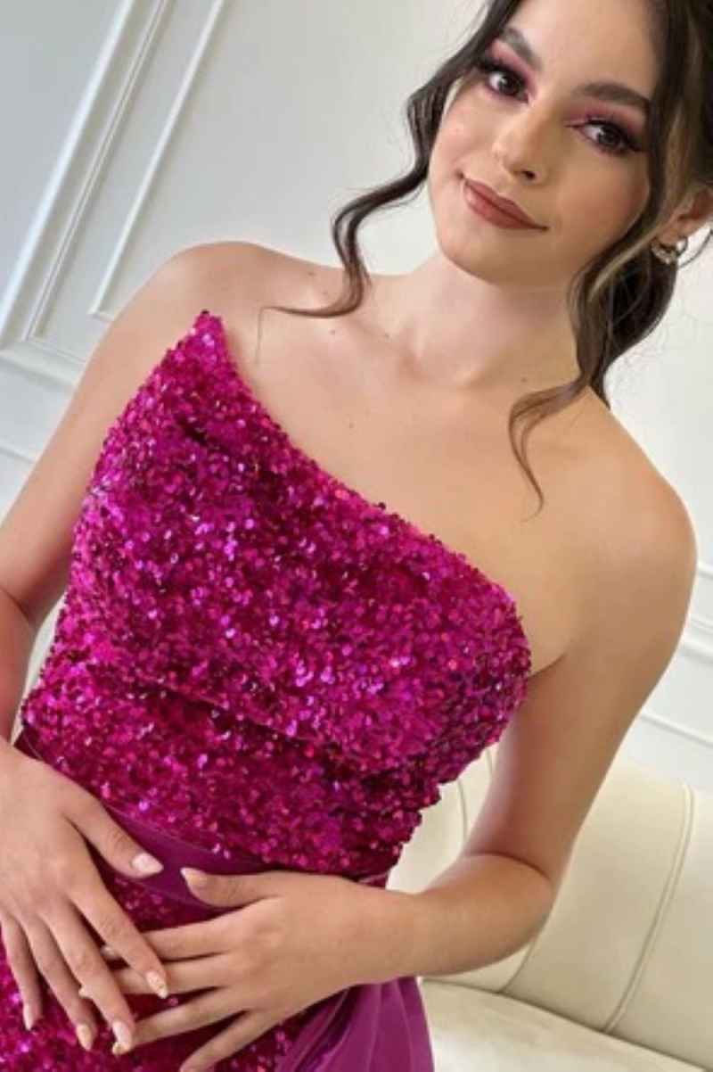 Sparkly Mermaid Evening Dress Strapless Sleeveless Sequins Prom Gowns High Splits Floor Length Formal Dresses Customized