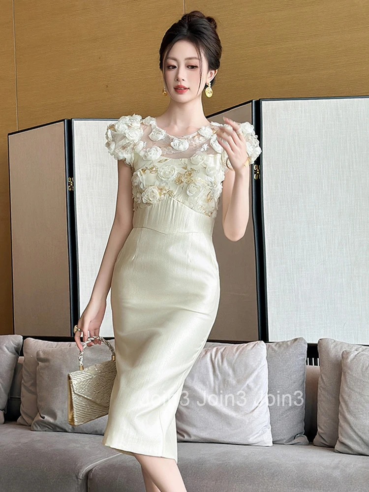 New Summer Fashion Flower Sheer O-Neck Evening Dress Women Clothes Elegant Luxury Sweet Puff Sleeve Slim Midi Party Prom Vestido