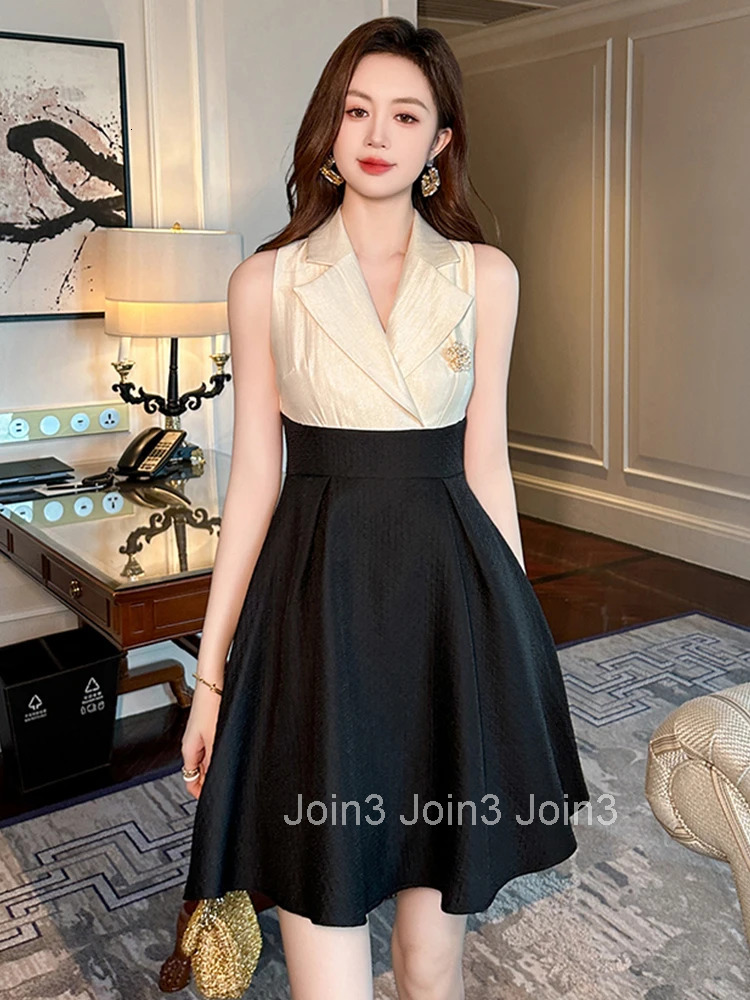 Summer Fashion Retro Fake 2 Pieces Formal Occasion Dress Women Clothes Elegant Sleeveless Slim A-Line Short Party Prom Vestidos