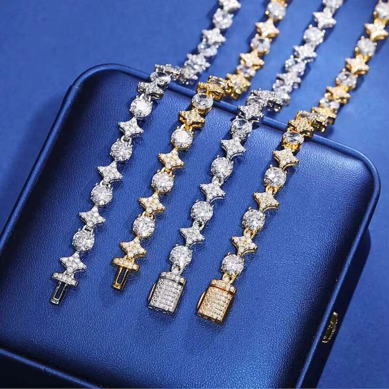 Fully Iced Out Star Round Shaped Moissanite Diamond Tennis Chain Hip Hop Jewelry Beautiful Jewelry Best Gift for Men Women