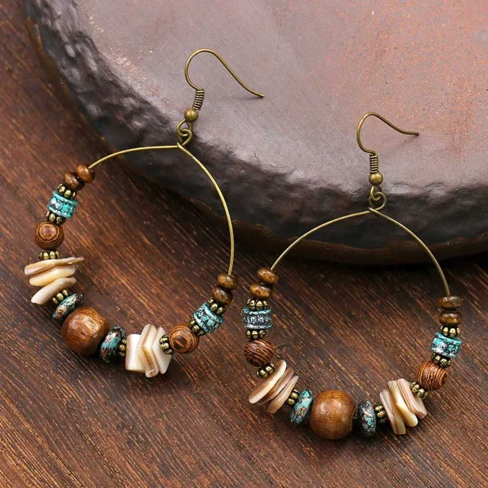 SUMENG 2025 New Ethnic Bohemia Womens Gypsy Big Bronze Wood Beads Round Drop Boho Earrings Vintage Style For Female Jewelry XJ250623