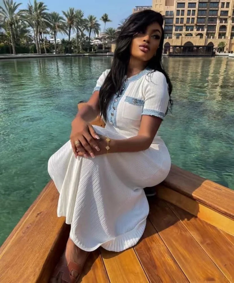 Elegant Knit Maxi Dresses Fashion Women Contrasting ONeck Short Sleeve Metal Tassel Bodycon Casual Office Lady Commute Vestidos 250616