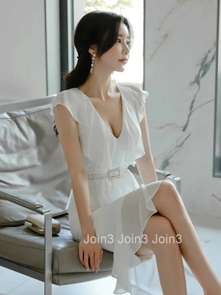 New Summer Fashion White Work Style Formal Mermaid Dress Women Clothes Elegant Office Sweet Ruffle Sexy V-Neck Slim Midi Vestido