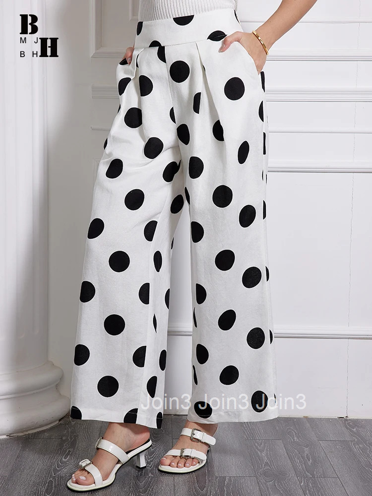 Plus Size Spring Autumn Elegant Formal Commute Cotton Linen Long Pant Women Retro Dot Print Trousers Mujer Wide Leg Loose Pants