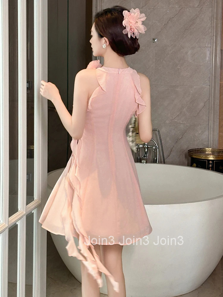 New Summer Fashion Pink Chiffon Evening Dress Women Clothes Elegant Sweet Flower Sleeveless Slim Short A-Line Party Prom Vestido
