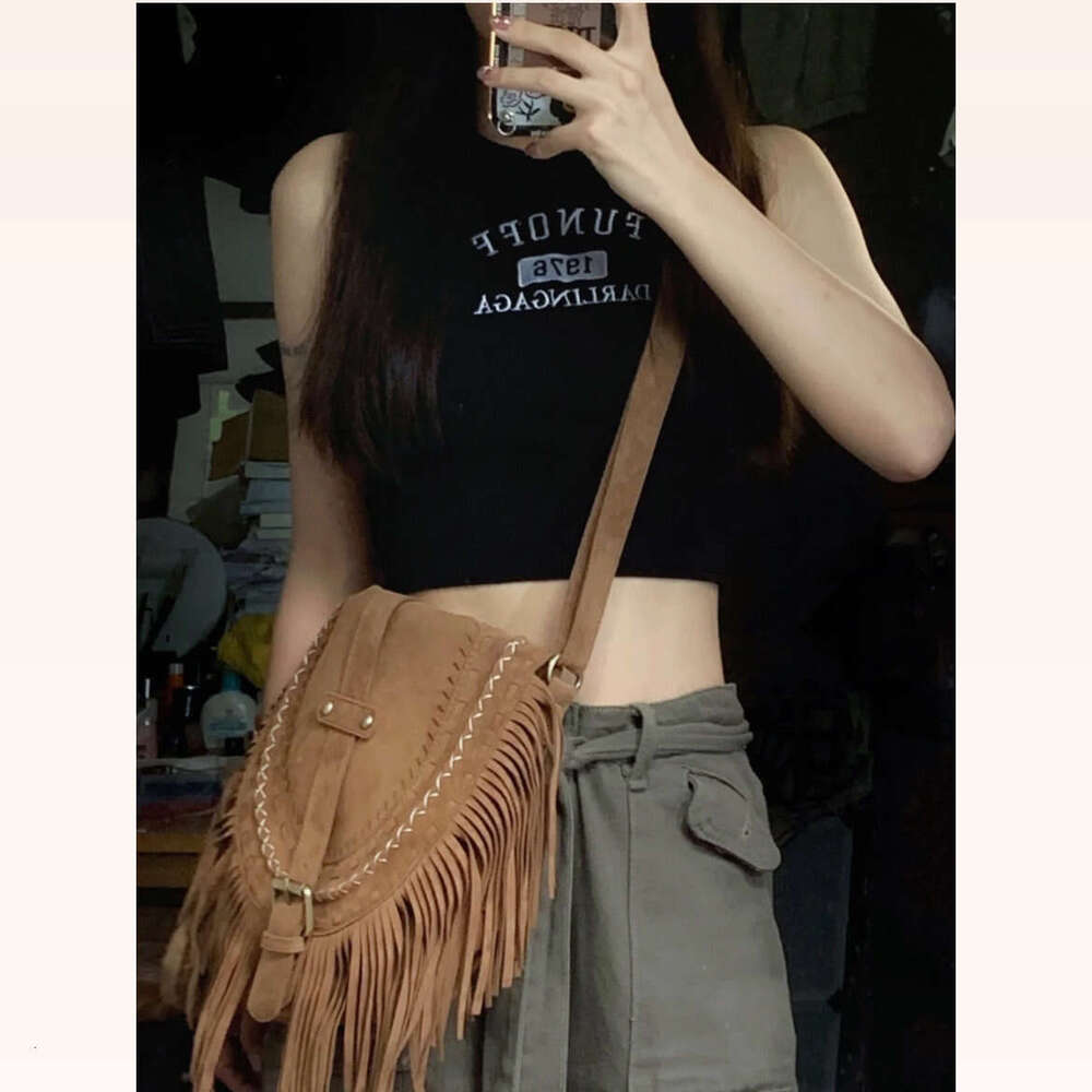 2024 New Faux Suede Tassel for Women, Khaki Color, Versatile Ethnic Style Crossbody Bag Trend