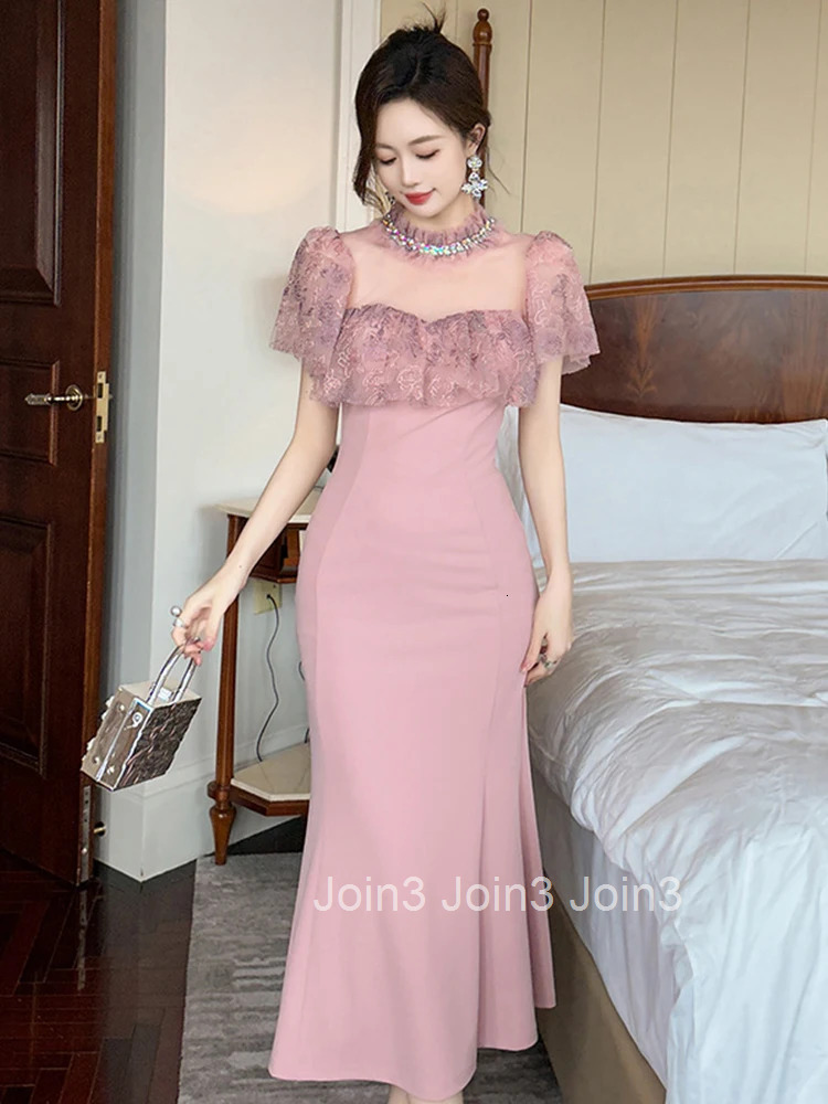 Women Clothes Pink Sweet Lace Sheer Sexy O-Neck Slim Midi Fishtail Dress Elegant Ladies Fashion Party Prom Vestidos Robe Casual