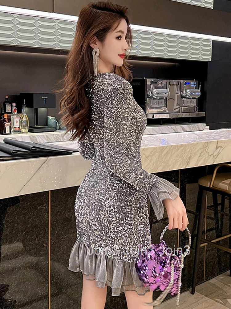 New Autumn Fashion Retro Silvery Sequin Evening Dress Women Clothes Flare Sleeve Skinny Fishtail Short Party Prom Vestido Fiesta