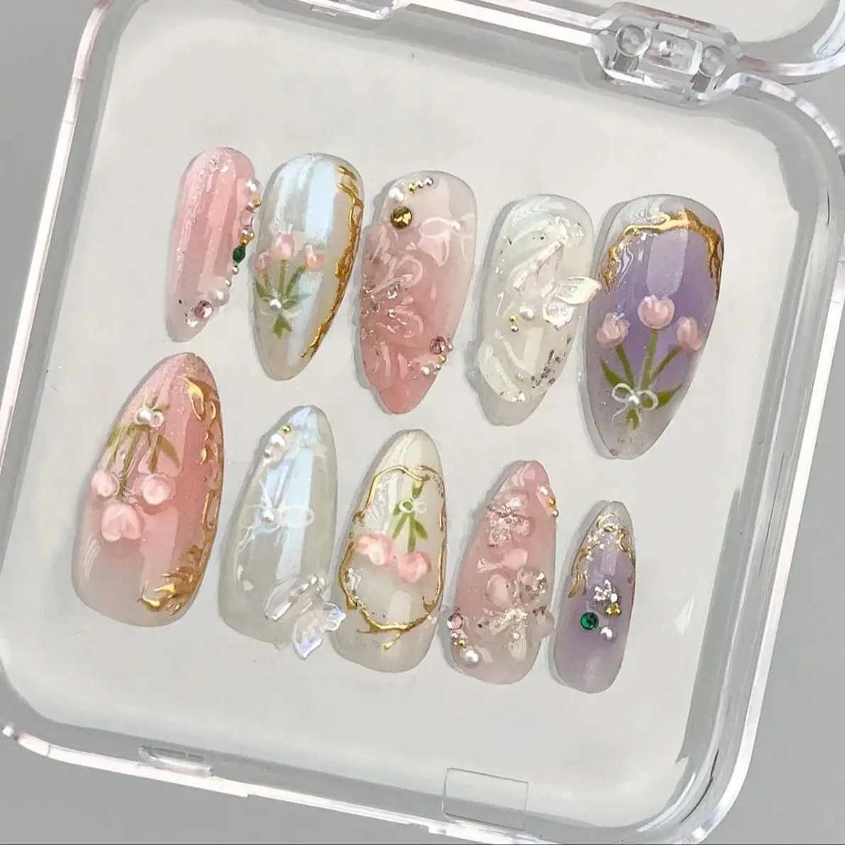 10PCS Handmade Spring/Summer press on nails Ballet Ribbon Blush Bloody Plaid Diamond Adam Mitchel Lambert Stick ons R250623