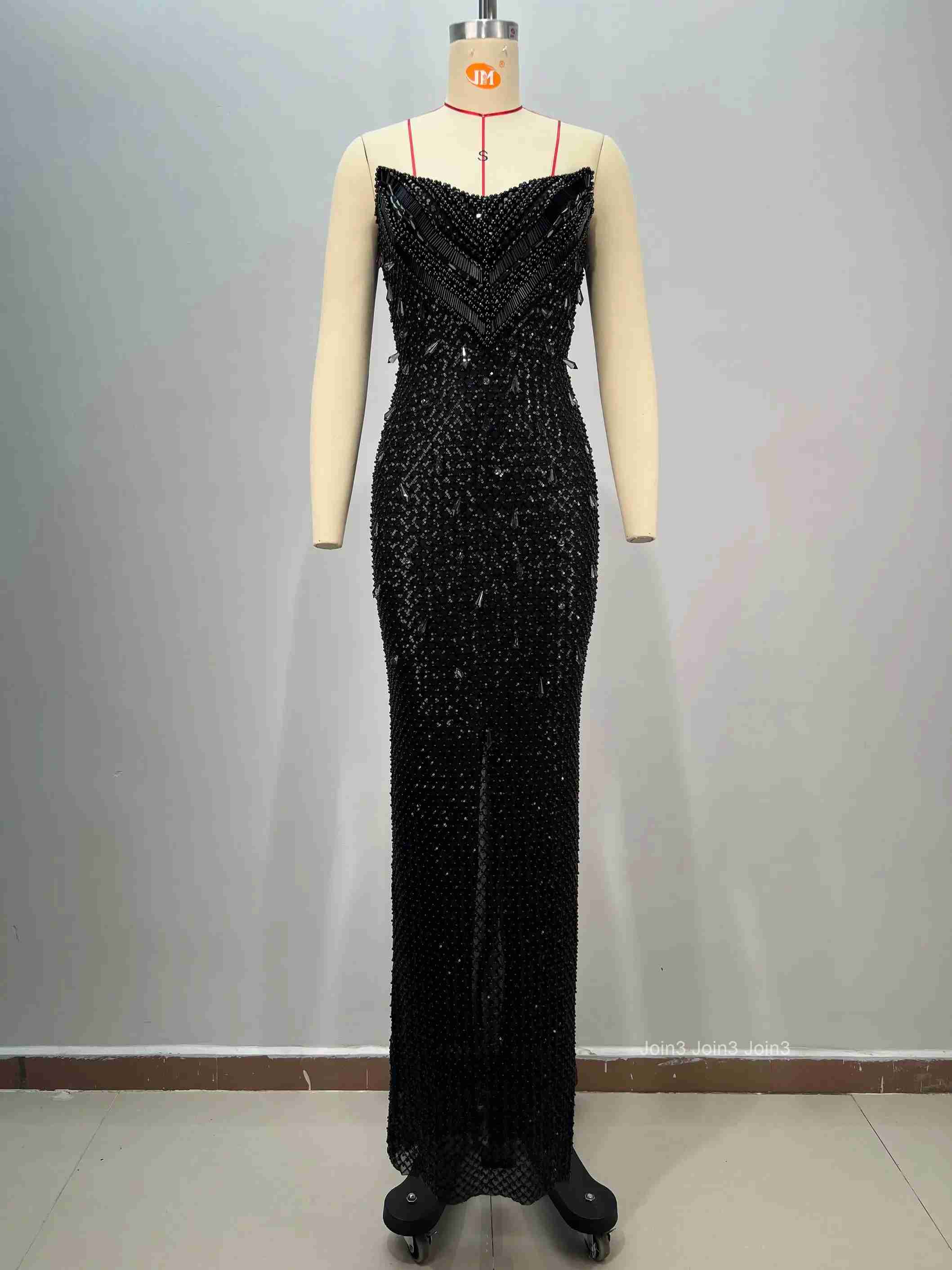 Womens Black Bandage Dress Sequin Glitter Strapless Bodycon Evening Gown with V Neck Beading Mermaid Hem