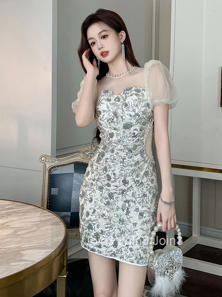New Summer Retro Elegant Luxury Mesh Silver Sequin Evening Dress Women Clothes Sheer Sexy Short Sleeve Slim Party Prom Vestidos