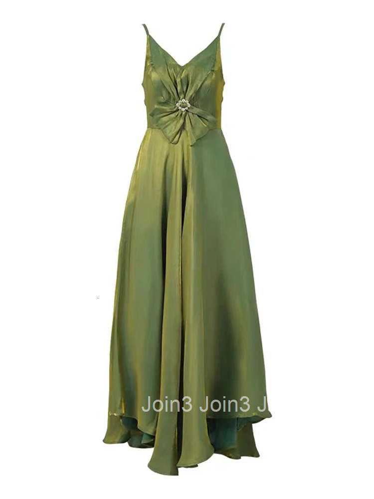 Summer Satin Sparkly Green Vacation Evening Dress Women Clothes Bow Sexy Sling V-Neck Slim A-Line Maxi Robe Party Prom Vestidos