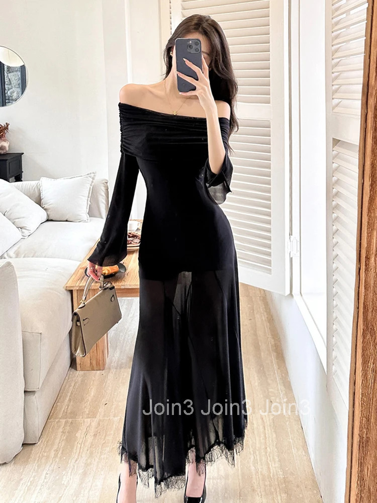 Autumn Fashion Black Mesh Mermaid Long Dress Women Clothes Elegant Sexy Off-Shoulder Skinny Robe Party Club Prom Evening Vestido