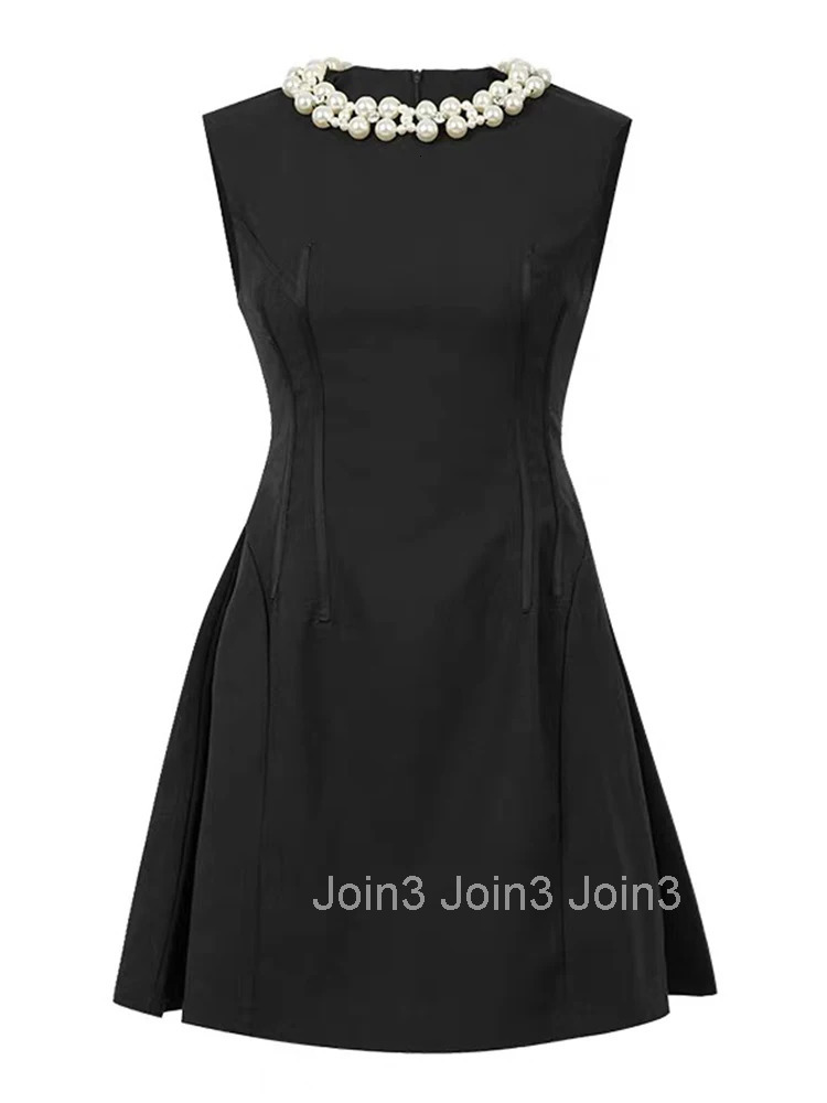 Summer Fashion Black Gown Evening Dress Women Clothes Elegant Retro Pearl Sleeveless Slim Short A-Line Party Club Prom Vestidos