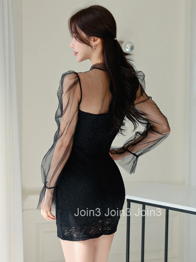 Sexy Temperament Bodycon Dress Women Fashionable Sweet Sheer Mesh Bow Bandage Lace Single Breasted Short Gown Party Vestidos New