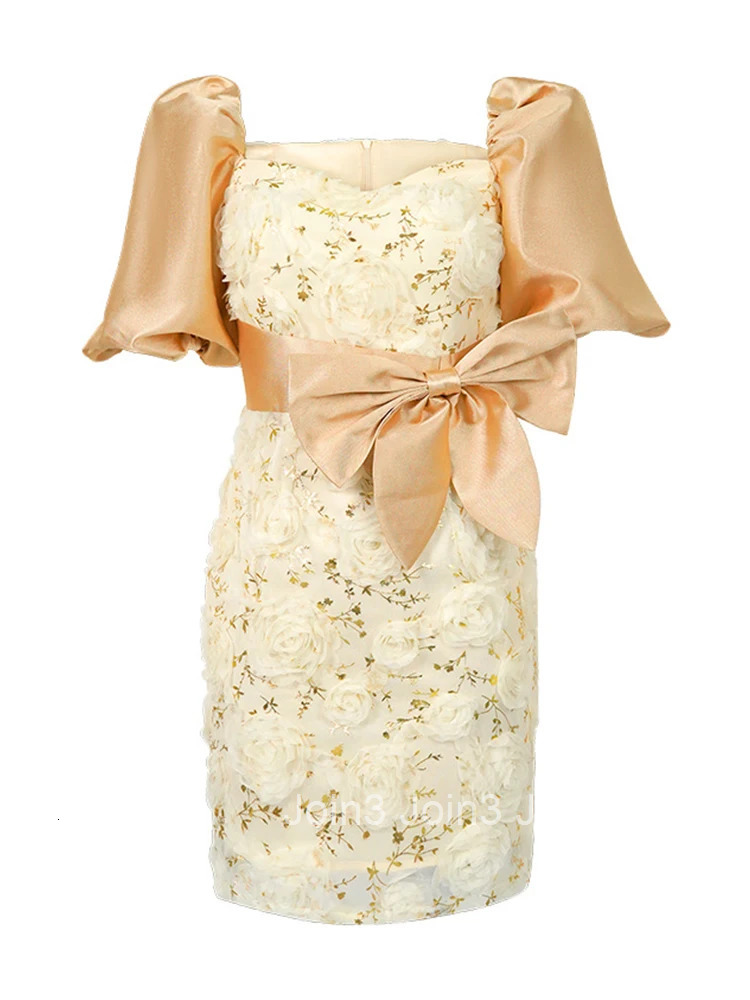 New Summer Fashion Sparkly Gold Evening Short Dress Women Clothes Sweet Floral Sexy Square Collar Slim Party Prom Vestido Fiesta