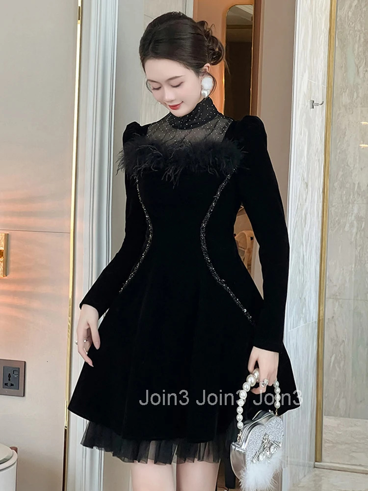 Women Clothes Retro Black Velvet Sheer Mesh Sexy Stand Neck Slim A-Line Mini Short Dress Elegant Fashion Party Vestidos Casual