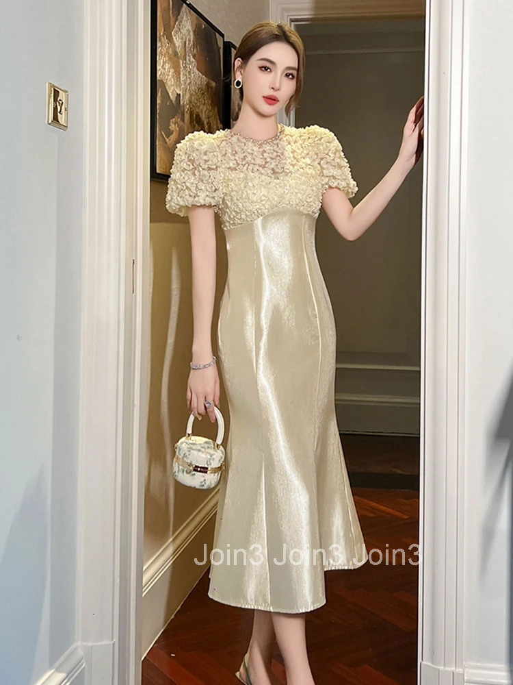 Summer Formal Occasion Fashion Lace Splic Evening Dress Women Clothes Elegant Luxury O-Neck Slim Midi Party Prom Vestidos Robe