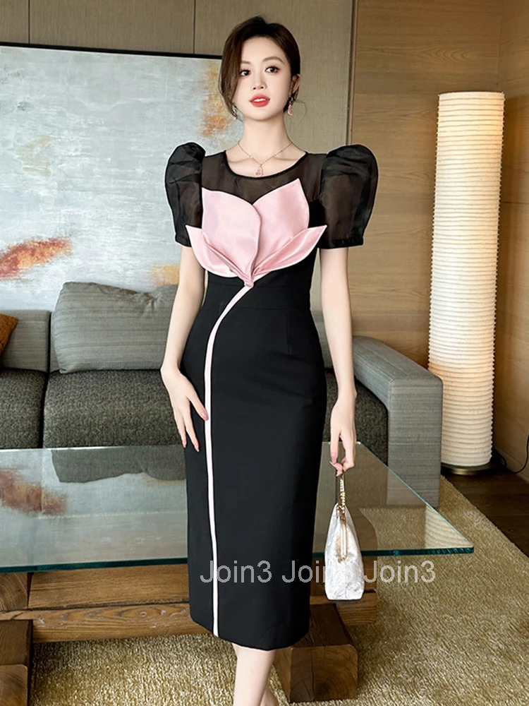 Summer Fashion Elegant Formal Occasion Evening Dress Women Clothes Sheer Sexy O-Neck Floral Slim Midi Pencil Robe Party Vestidos