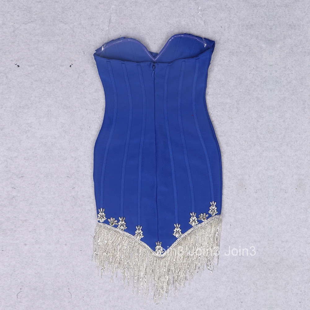 New Women Sexy Strapless Backless Short Bodycon Bandage Dress Silver Jewelry Tassel Chain Elegant Evening Party Red Carpet Gown