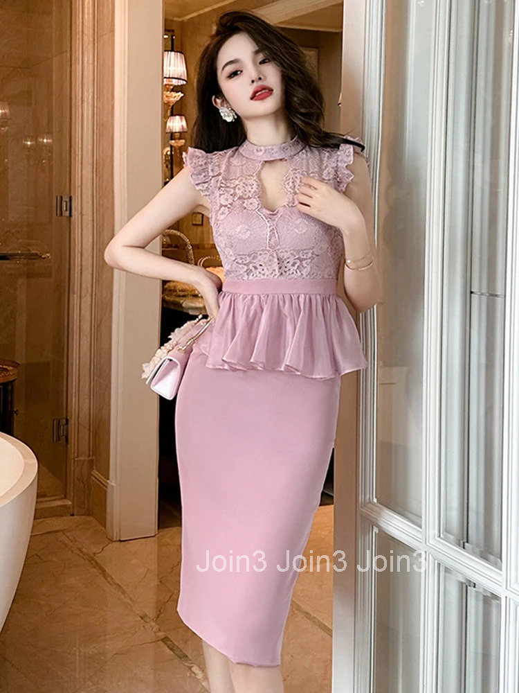 New Summer Elegant Office Women Evening Dress Chic Lace Pink Sheer Sexy Hollow Slim Midi Pencil Party Prom Femme Mujer Vestidos
