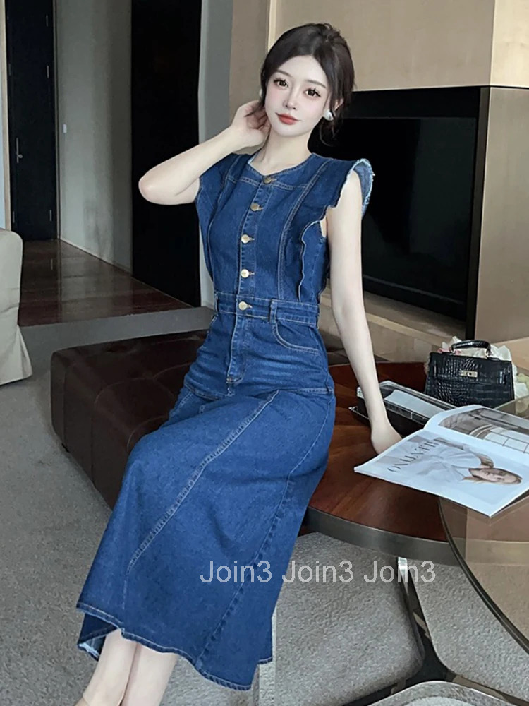 Fashion Summer Denim Long A-Line Dress For Women Lady Preppy Retro Sleeveless Slim Midi Mujer Vestidos Robe Femme Street Clothes