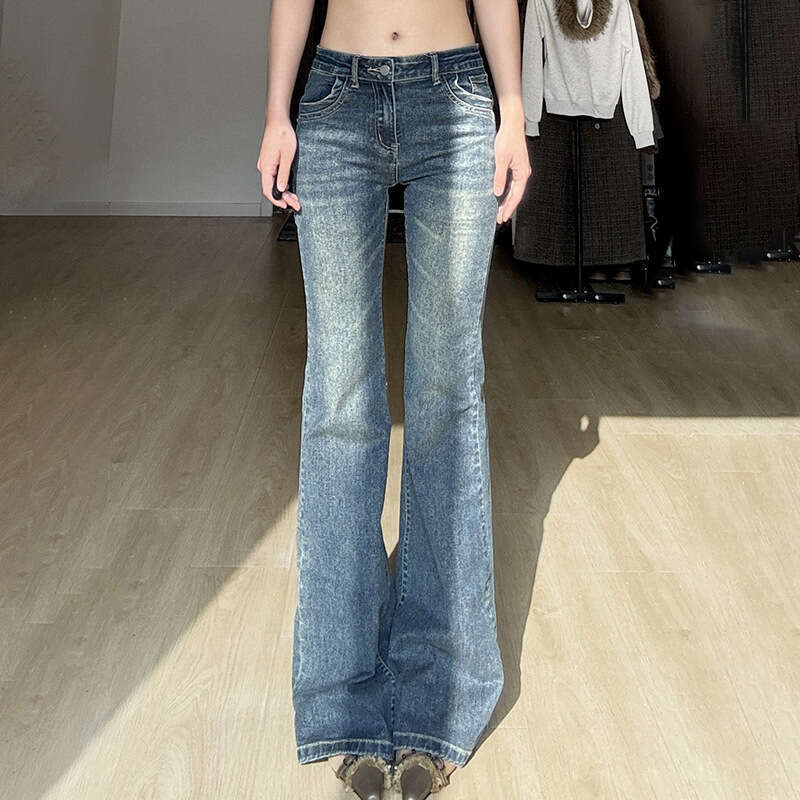 Unique American Style Workwear Pocket Denim Flared Washed Vintage Design Low Waist Hot Girl Casual Long Pants B5