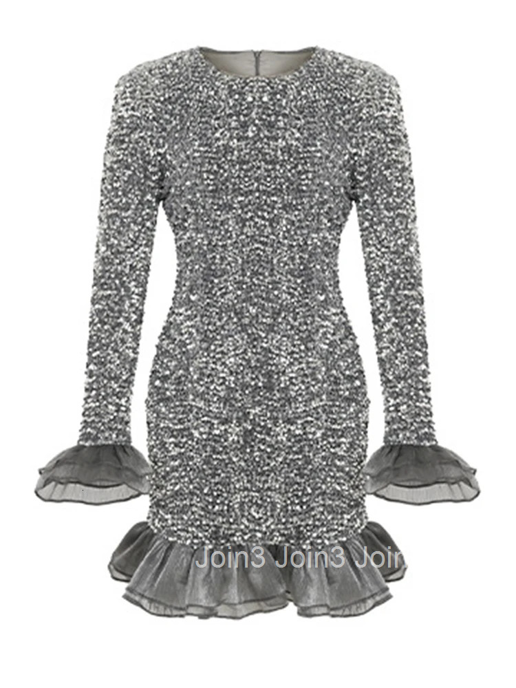 New Autumn Fashion Retro Silvery Sequin Evening Dress Women Clothes Flare Sleeve Skinny Fishtail Short Party Prom Vestido Fiesta