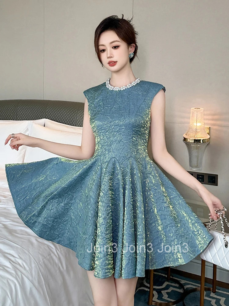 Women Clothes Vintage Sparkly Gold Sleeveless Slim A-Line Mini Short Dress Elegant Luxury Evening Party Prom Vestidos Casual New