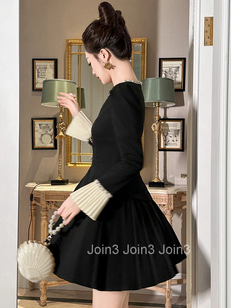 Women Clothes Formal Occasion Black Fake 2-Piece V-Neck Slim Pleated Mini Short Dress Elegant Fashion Party Vestido Casual Sweet