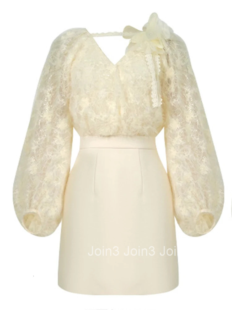 Women Clothes Sweet Fake 2-Piece Lantern Sleeves Slim Short Dress Elegant Ladies Fashion Party Vestidos Casual Formal Occasion