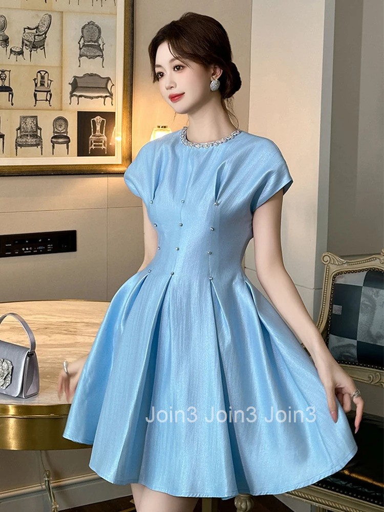 Elegant Luxury Blue Satin Summer Fashion Ball Gown Evening Dress Women Clothes Sweet O-Neck Slim Short Party Prom Vestido Fiesta