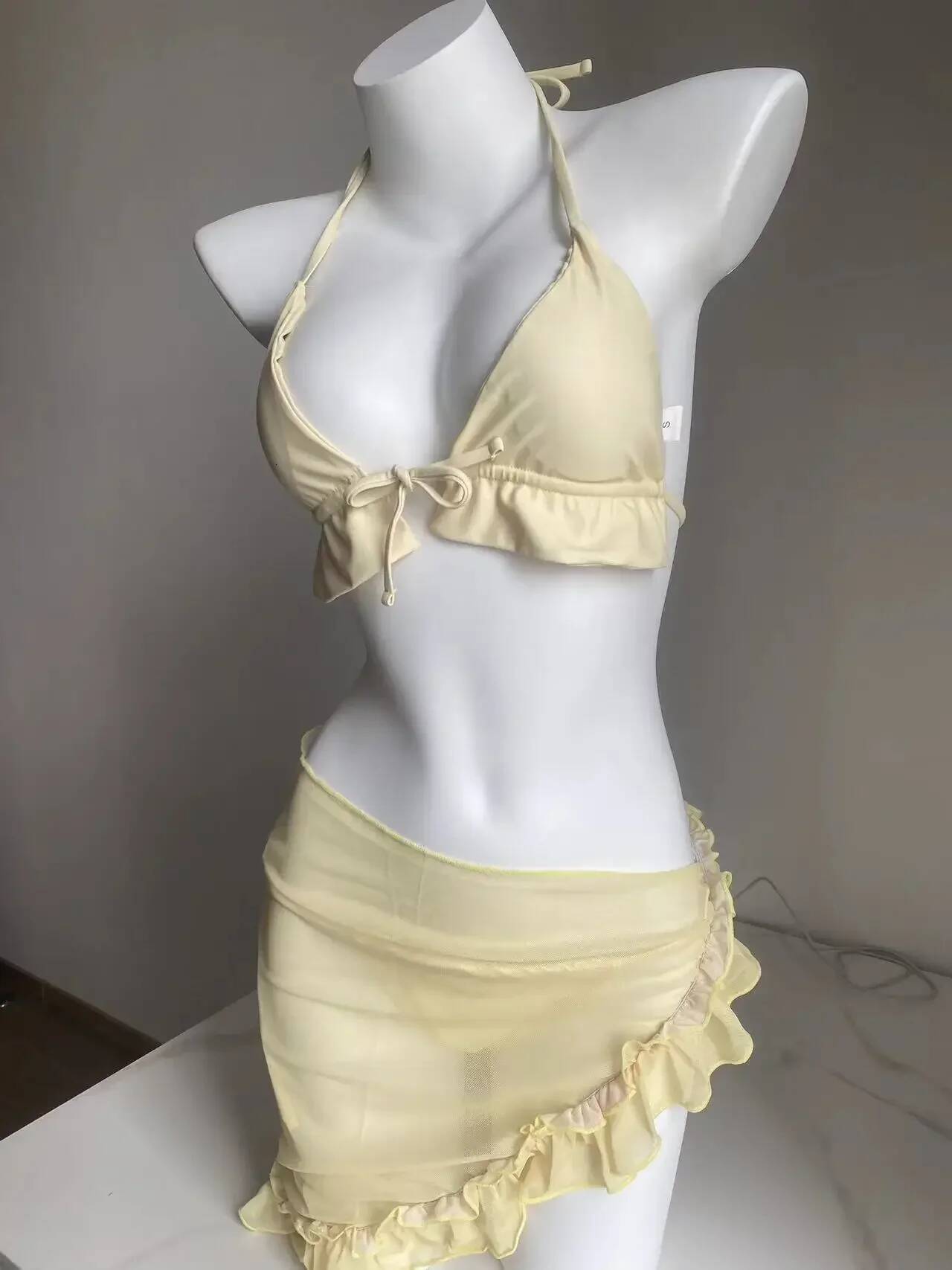 Lady's Summer New Yellow Lilac Bikini 3 PCS Swimsuit With Mesh Short Beach Sarong Swimwear Biquini Beachwear Outfit