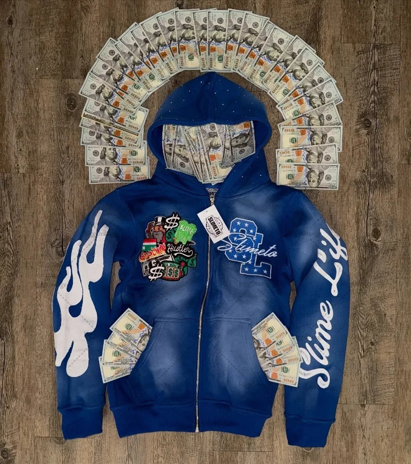 Hip-hop Trendy Streetwear Jacket Men Harajuku Y2K Zipper Hoodie Gothic American Retro Letter Print Colorful Oversized Sweatshirt 250618