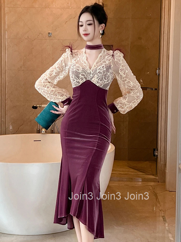 Fashion Ladies Sweet Long Evening Dresses Women Clothes Elegant Vintage Puff Sleeve Skinny Party Gown Dress Robe Vestidos Fiesta